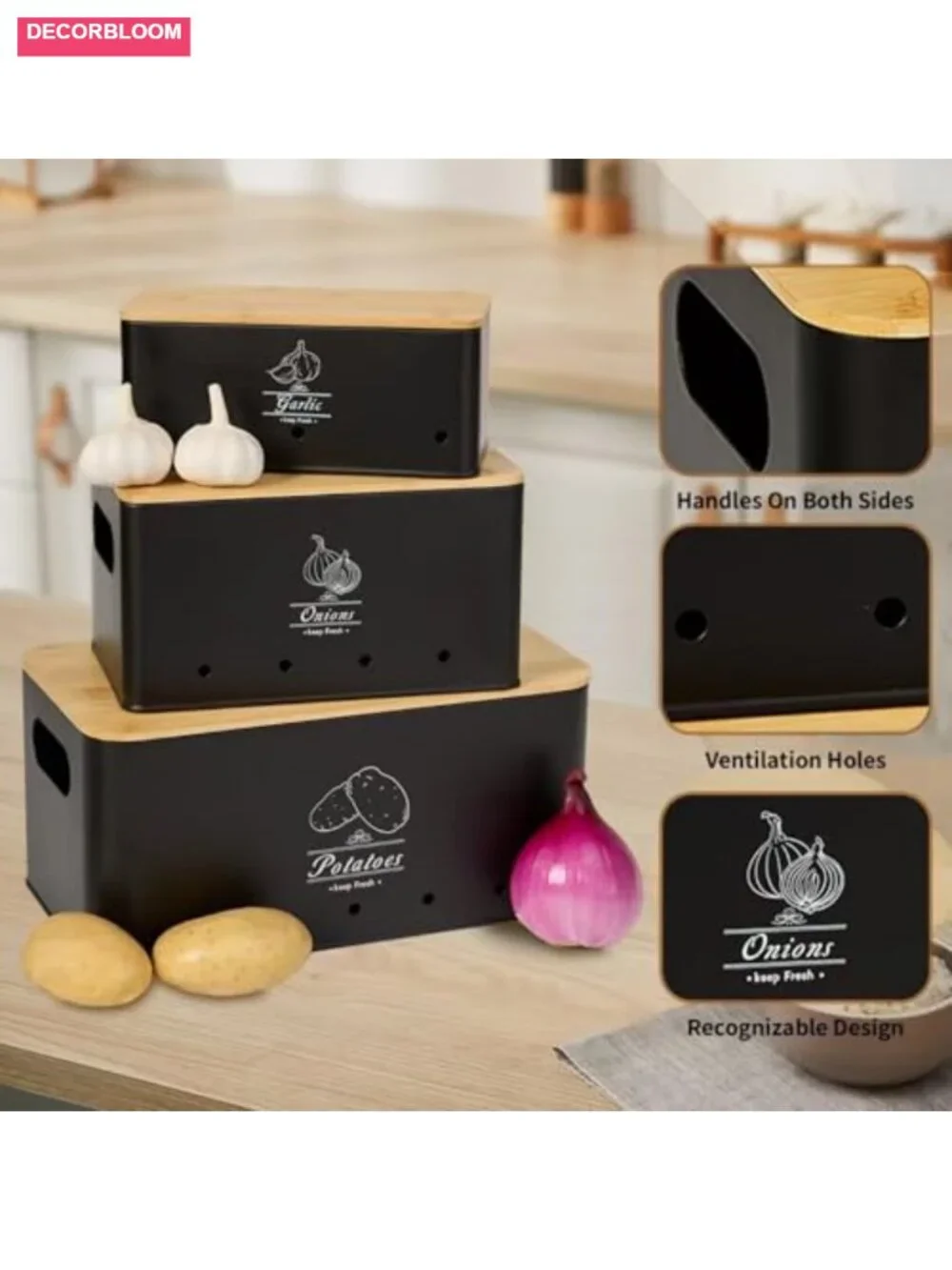 3-Piece Stackable Metal Vegetable Storage Set with Bamboo Lids
